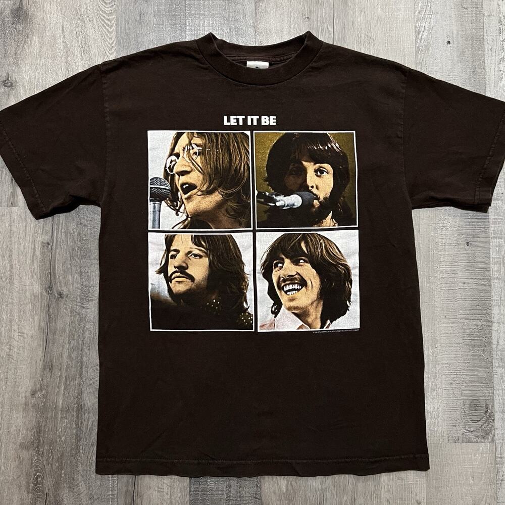 Vintage The Beatles T-Shirt Mens Medium Brown Let It Be Band Graphic Y2K 2004